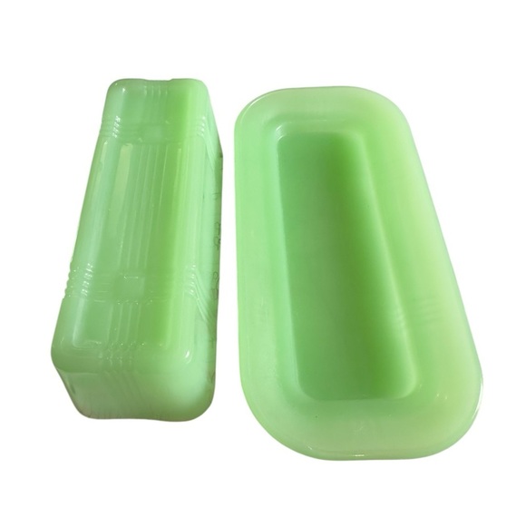 TPC Jadeite Butter Dish Green Glass Covered Tray Criss Cross Striped Retro - Picture 5 of 9